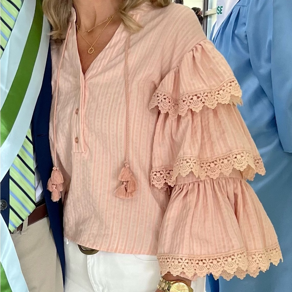 THE SHIRT/Pink Ruffled Blouse with Lace Details